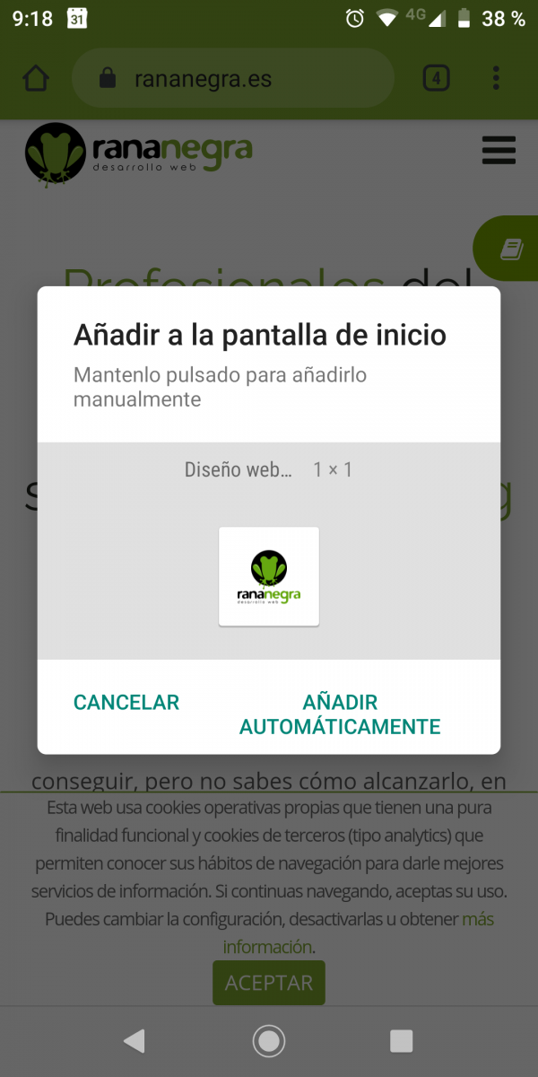 Añadir pantalla inicio Chrome simular app